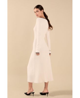 Women's Knit V Neck Long Sleeve Midi Dress