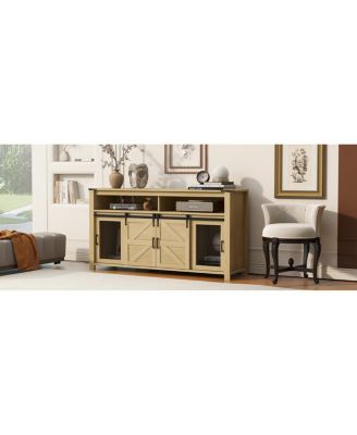 59.3" Farmhouse Barn Door Sideboard with Mesh Panels and Open Storage