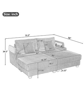Streamdale Modern Chaise Sofa with Adjustable Backrest, Cup Holders, Phone Holder & Storage, Light Gray