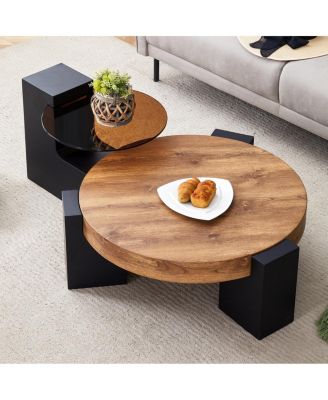  Modern Simple Double-Layer Round Coffee Table - Transparent Brown Glass Top