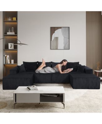 6-Piece Modular U-Shaped Black Corduroy Sectional Sofa with Chaise Lounge