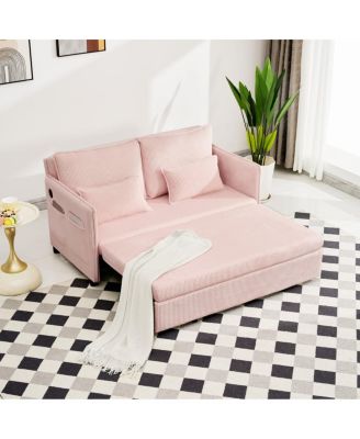55" Convertible Sofa Bed with USB Ports, Modern Corduroy Couch, Pink