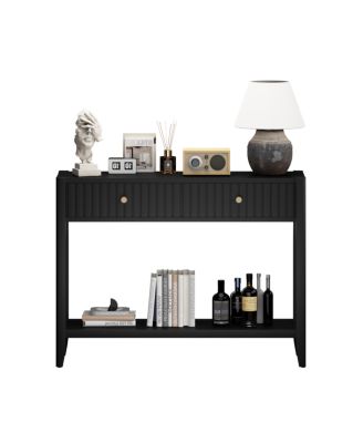  Console Table with Drawers, Narrow Wood Accent Sofa Table, Black