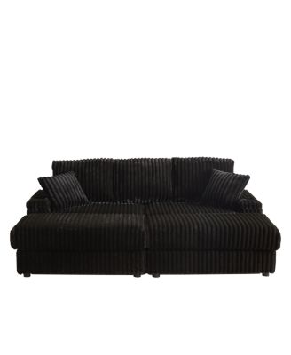  84" Corduroy 3-Seater Sofa w/ Pillows, Ottomans, Storage & Cup Holders