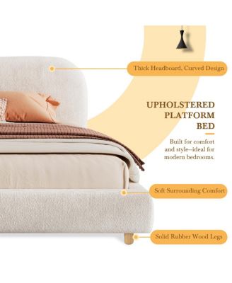 King Size Boucle Upholstered Bed, Curved Design, Solid Wood Legs