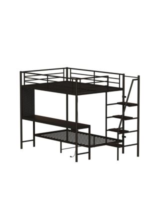 Black full size bunk bed with twin size, LED light and charging socket