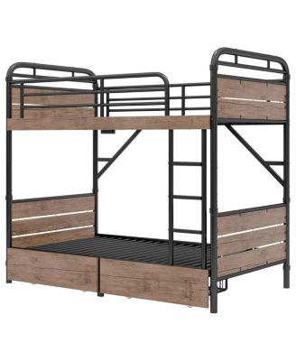 Twin XL over Twin XL Metal Bunk Bed with LED & Charge Station, 2 Drawers