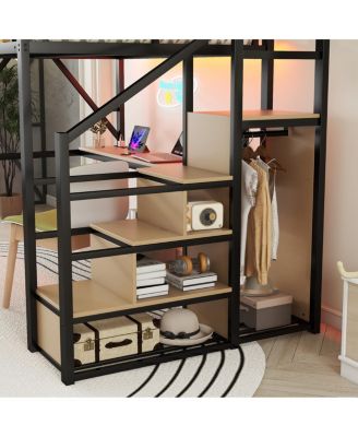 Full Loft Bed with Desk, Stairs & Charging Station, Black
