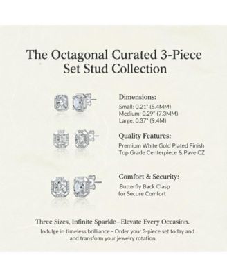Timeless White Gold Plated CZ Octagonal 3-Piece Set Earrings