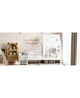 Full House Bed with Low-Profile Stairs, Window, Bookcase, Blackboard, Star Roof