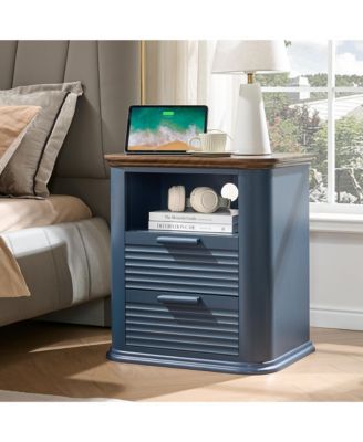 22" Fluted Nightstand with Charging Station, Modern Bedside Table with 2 Drawers and Open Storage for Living Room, Bedroom