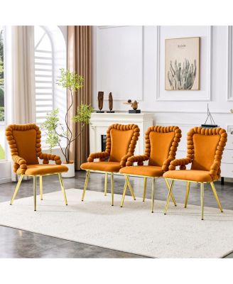 Set of 2 Orange Puffy Bubble Chairs with Gold Legs, Velvet Dining Chairs