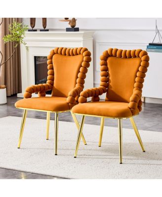 Set of 2 Orange Puffy Bubble Chairs with Gold Legs, Velvet Dining Chairs