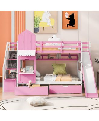 Twin-Over-Twin Castle Style Bunk Bed with 2 Drawers 3 Shelves and Slide - Pink
