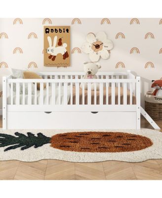 Wood Platform Bed with Guardrail and Trundle