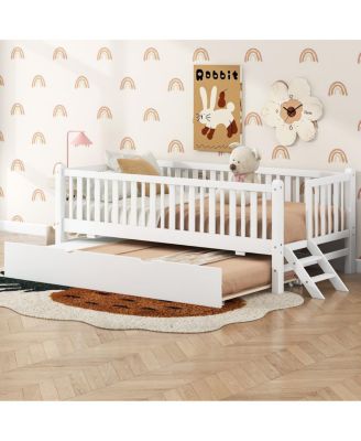 Wood Platform Bed with Guardrail and Trundle