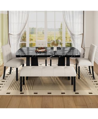 Modern Tufted Linen Dining Bench with Black Rubber Wood Legs