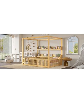 Canopy Bed with Guardrails & Shelves, Montessori Floor Bed Frame