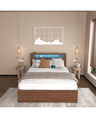 Wooden Queen Farmhouse Bed Frame with Bookcase, Storage Drawers & LED Headboard