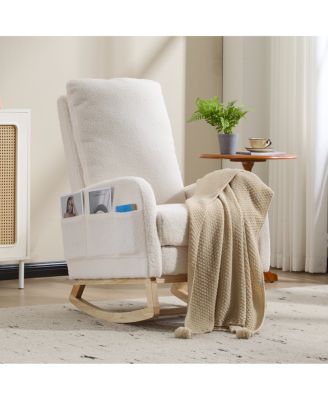 Modern Accent Rocking Chair with Solid Wood Legs & Side Pocket