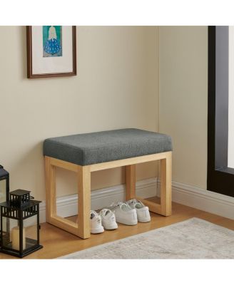 Shoe-changing bench with wooden frame and cushioned seat