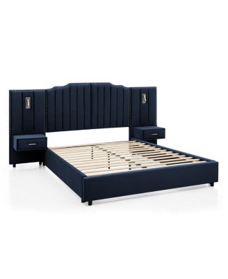 Queen Size Velvet Upholstered Bed Frame with Vertical Stripes