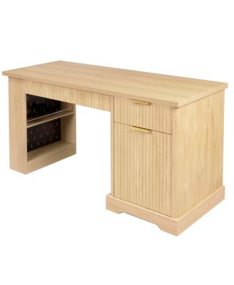 55" Modern Fluted Office Desk with Storage, Drawers, Power Outlet & Shelves