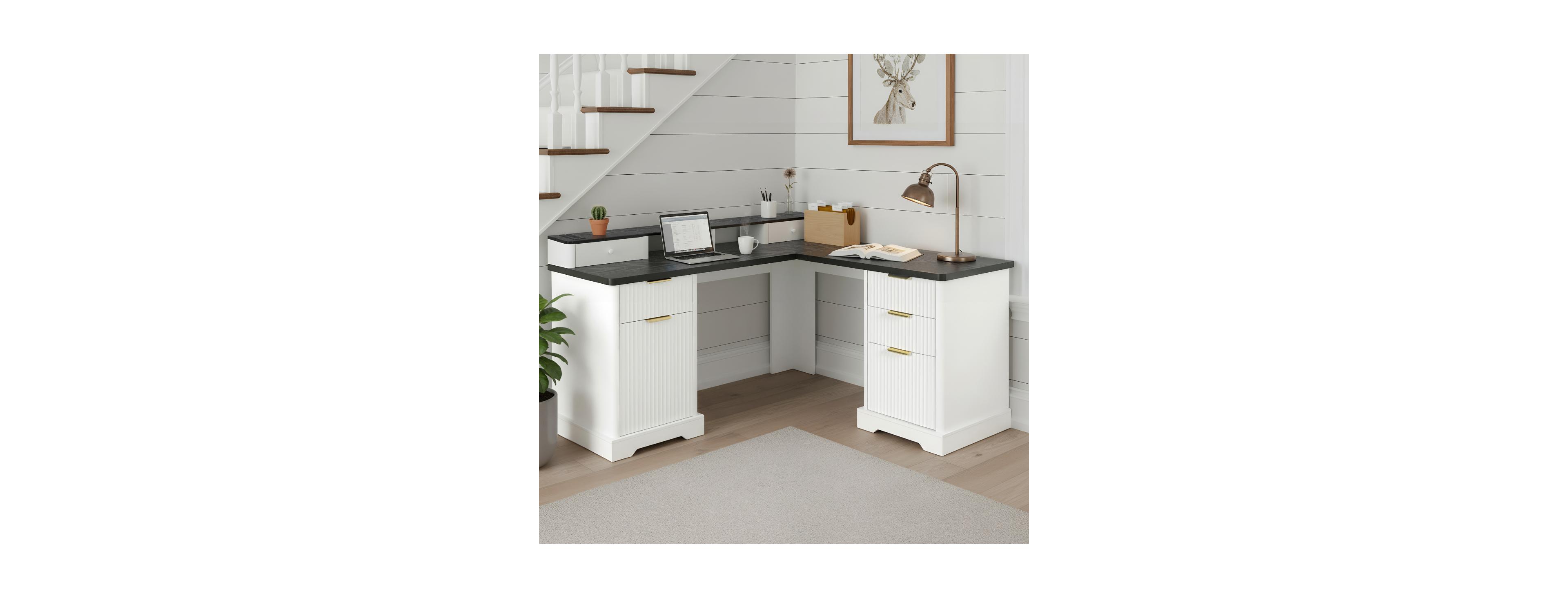 Streamdale Furniture Modern Fluted L-Shaped Desk with Charging Station & Storage