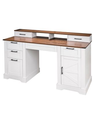 Farmhouse Office Desk with Charging Station & Storage Cabinet