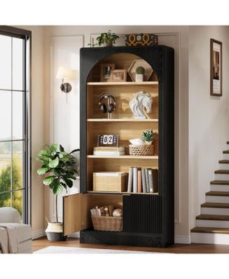 71" Tall Bookcase, 5-Tier Arched Black Bookshelf with Storage Cabinet and Fluted Doors, Modern Farmhouse Standing Wood Bookshelves