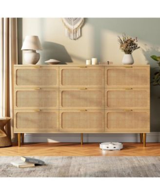 Rattan 9 Drawer Dresser for Bedroom, Tall Chest of Drawers with Deep Storage and Wide Top, Beige