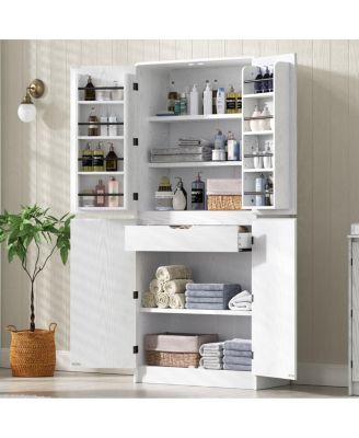72" Farmhouse Kitchen Pantry Cabinet with 8 Shelves, Curved Storage, Hidden Drawer