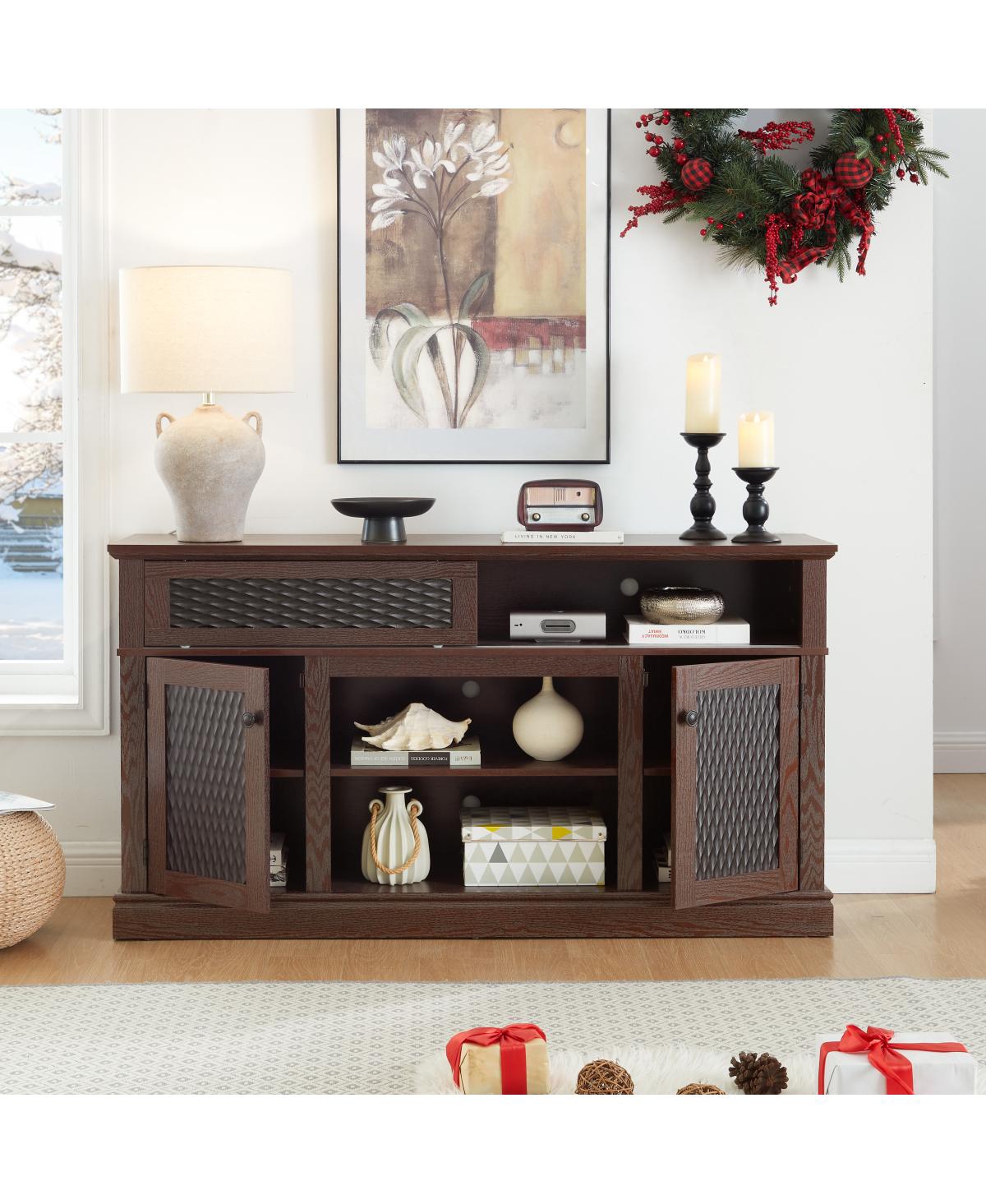 Streamdale Furniture Embossed Tv Stand with Sliding Door, Dark Cherry, 58.27"W