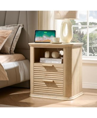 22" Fluted Nightstand with Charging Station, Modern Bedside Table with 2 Drawers and Open Storage for Living Room, Bedroom