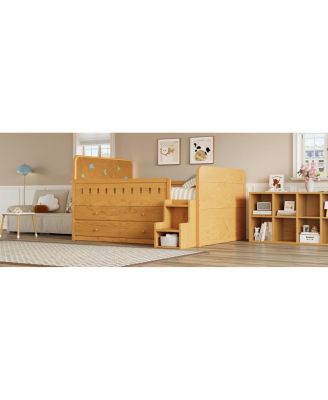Wooden Full Size Bed with LED Light, Storage Drawers