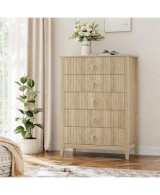 43" Tall Fluted Dresser, 5 Drawer Modern Wood Storage Chest for Living Room or Entryway