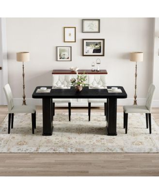 Furniture Stylish Black Wood Textured Dining Table and 4 White PU Chairs Set.