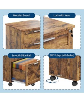 3-Drawer Rolling File Cabinet with Lock, Wooden Mobile Filing Cabinet for Home Office & Under Desk Storage, Rustic Brown