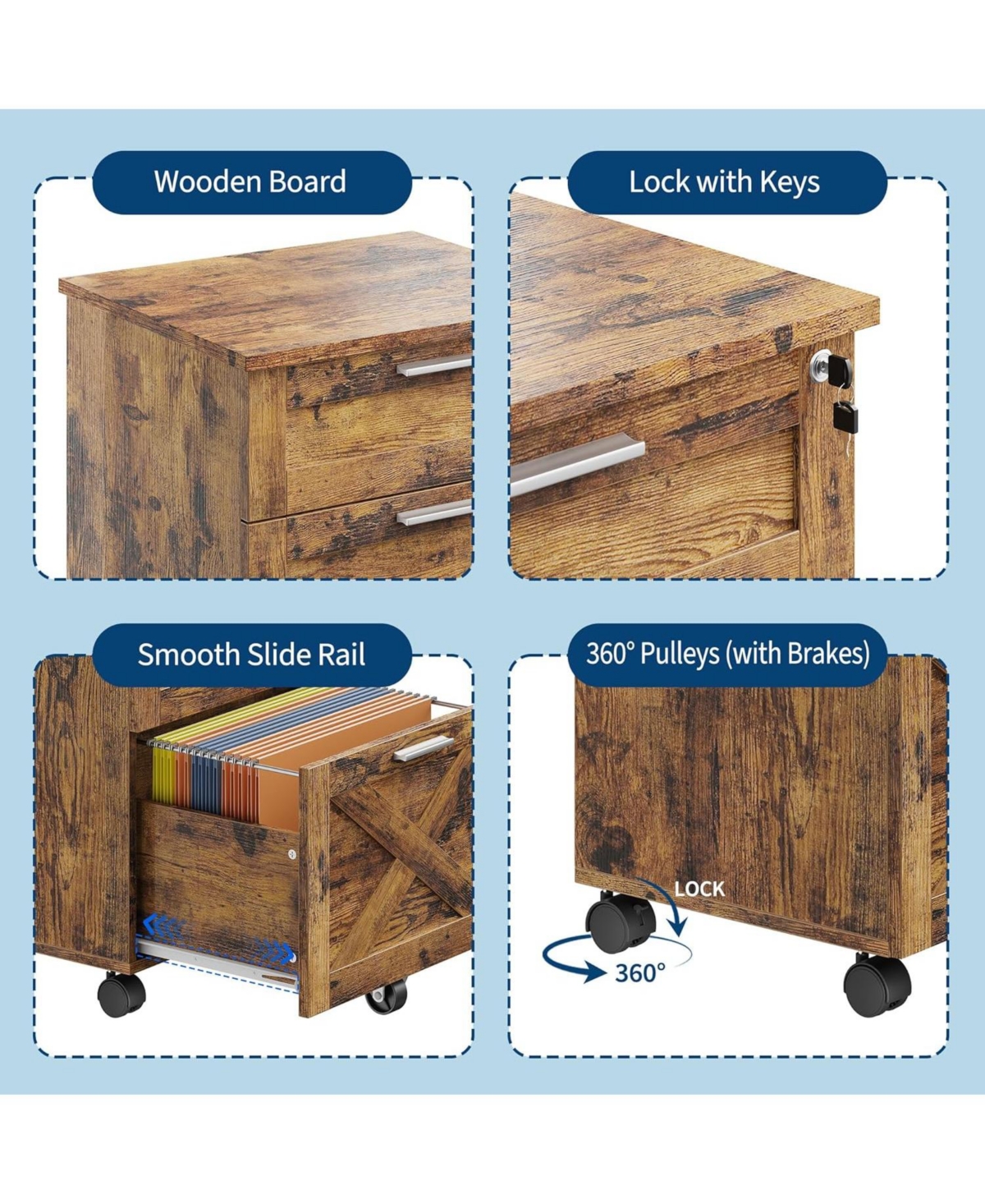 gaomon 3-Drawer Rolling File Cabinet with Lock, Wooden Mobile Filing Cabinet for Home Office & Under Desk Storage