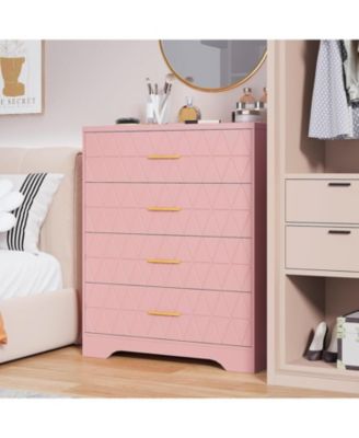 4-Drawer Wooden Dresser for Bedroom, Tall Chest of Drawers with Gold Handles & Storage, Pink