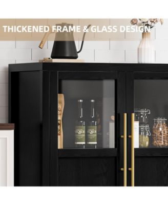 55" Buffet Cabinet with 4 Glass Doors, Modern Farmhouse Sideboard with Storage, Black