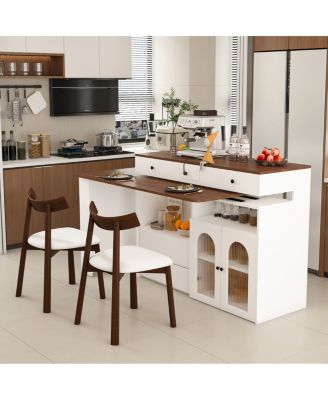 Kitchen Island Set with 2 Chairs, Extendable Rotating Table, 4 Drawers & Cabinets