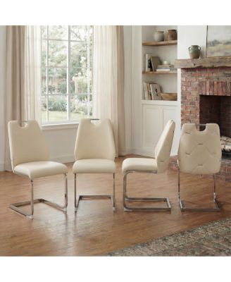 Streamdale Dining Chairs Set of 4, Off-White Faux Leather w/ Gold Mesh, Silver Ring, Chrome Handle