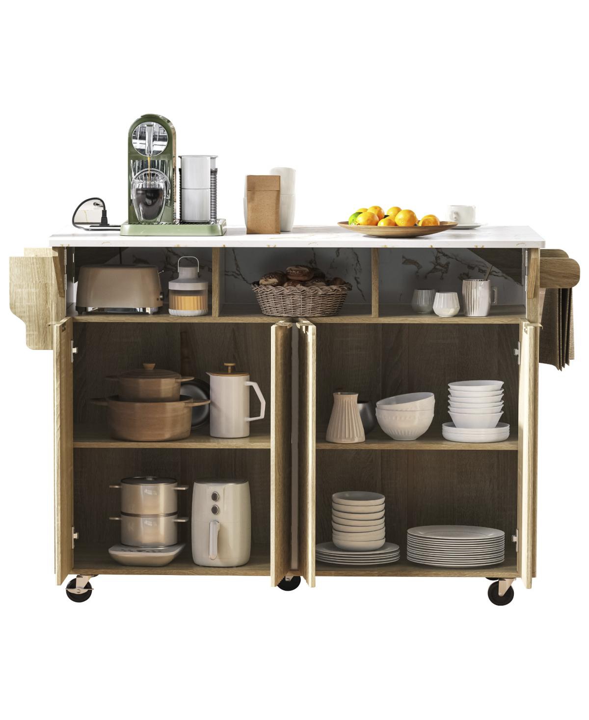 Streamdale Furniture 55.5" Fluted Kitchen Island with 2 Drop Leaf, Storage Cart, Power Outlet, 4 Doors, Spice Rack, Rolling Table