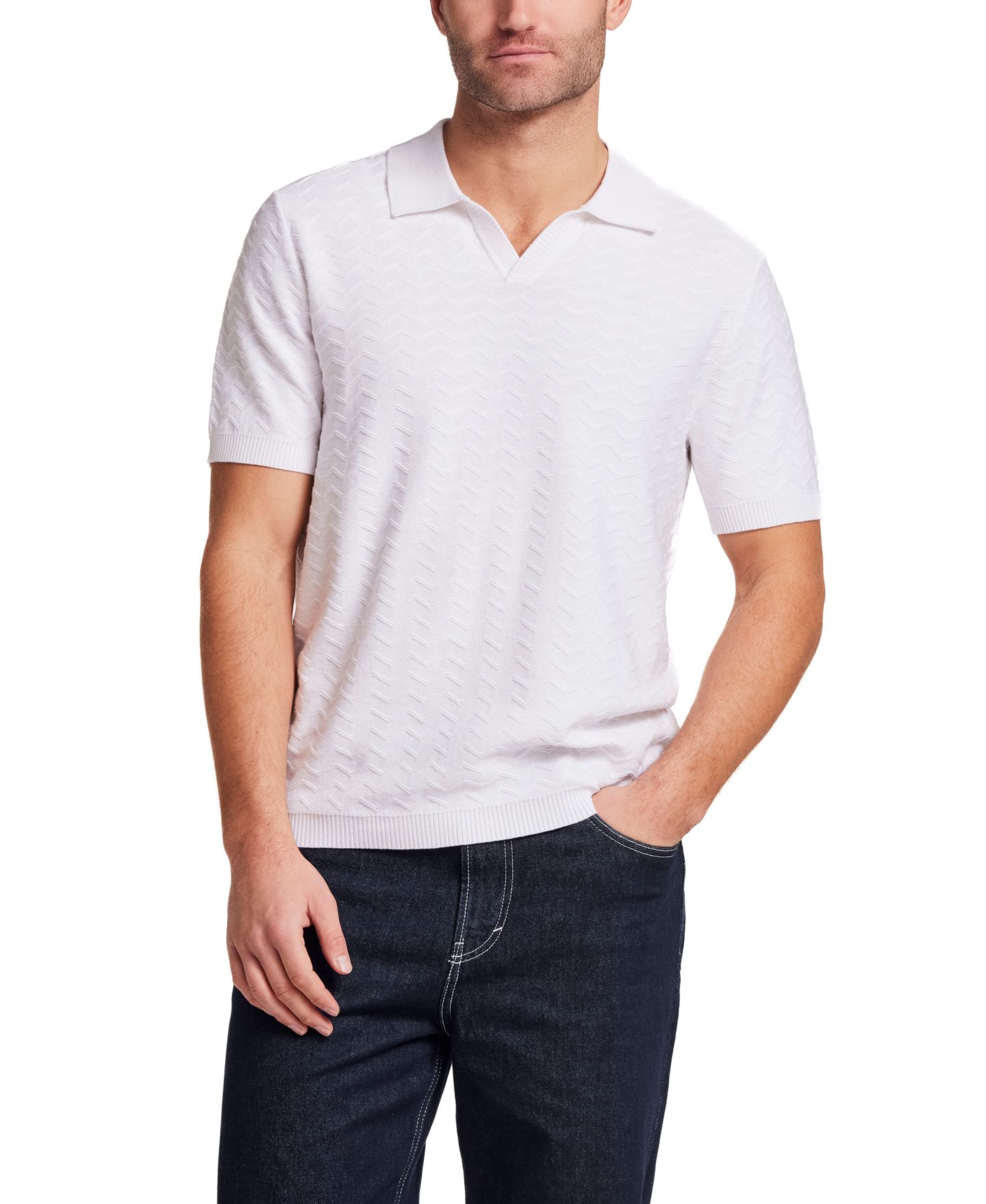 Мужской свитер Weatherproof Vintage Short-Sleeve Zigzag Johnny Collar Polo Sweater, цвет: Экрю — фото 1