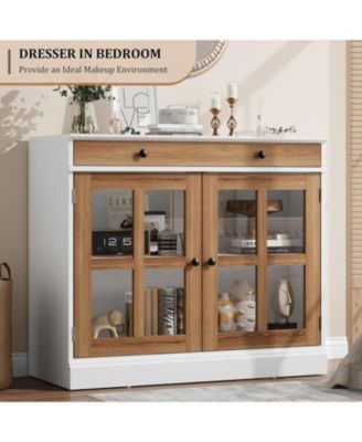 35.4" Sideboard Buffet Cabinet with Glass Doors, Drawer and Adjustable Shelves