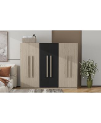 6-Doors Wooden Wardrobe Storage for Bedroom,with 2 Drawers Inside,Black+Nature