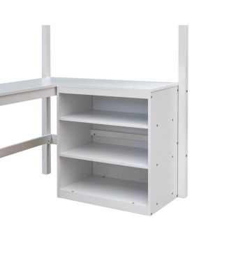 Twin size Loft Bed with Shelves and Desk, Wooden Loft Bed with Desk