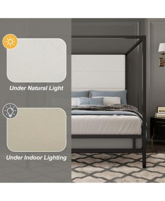 Modern Canopy Bed with Linen Upholstered Headboard