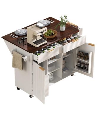 Streamdale 52" Fluted Kitchen Island with Drop Leaf, Power Outlet & Storage Cart